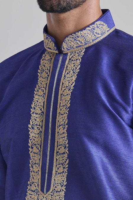 Arihant Rai Sinha_Blue Silk Embroidery Fleur Placket Textured Kurta _at_Aza_Fashions