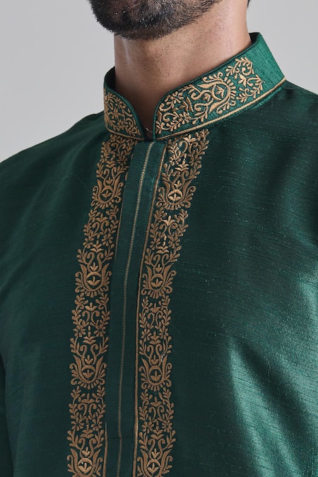 Arihant Rai Sinha Green Banarasi Art Silk Woven Fiore Placket Embroidered Kurta With Churidar  4