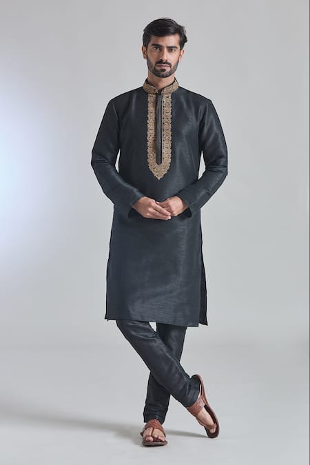 Buy Arihant Rai Sinha Black Silk, Brocade Embroidery Phool Placket Textured Kurta With Churidar at Aza Fashions Buy_Arihant Rai Sinha_Black Silk, Brocade Embroidery Phool Placket Textured Kurta With Churidar _at_Aza_Fashions