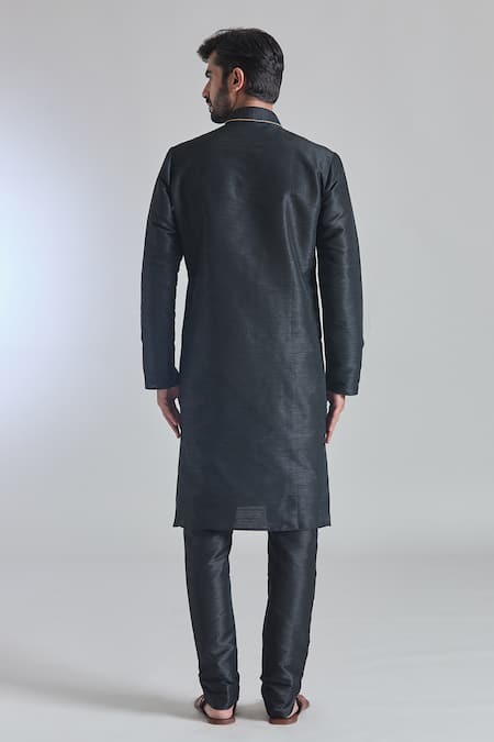Shop Arihant Rai Sinha Black Silk, Brocade Embroidery Phool Placket Textured Kurta With Churidar at Aza Fashions Shop_Arihant Rai Sinha_Black Silk, Brocade Embroidery Phool Placket Textured Kurta With Churidar _at_Aza_Fashions