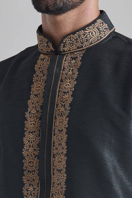Buy Arihant Rai Sinha Black Silk, Brocade Embroidery Phool Placket Textured Kurta With Churidar Online at Aza Fashions Buy_Arihant Rai Sinha_Black Silk, Brocade Embroidery Phool Placket Textured Kurta With Churidar _Online_at_Aza_Fashions