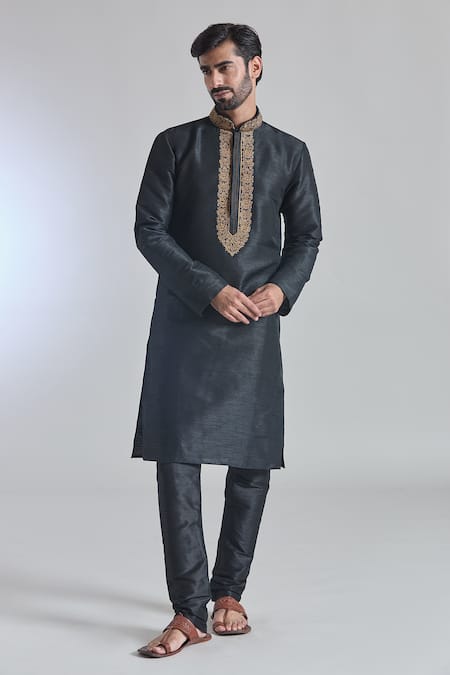 Shop Arihant Rai Sinha Black Silk, Brocade Embroidery Phool Placket Textured Kurta With Churidar Online at Aza Fashions Shop_Arihant Rai Sinha_Black Silk, Brocade Embroidery Phool Placket Textured Kurta With Churidar _Online_at_Aza_Fashions