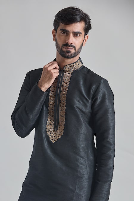 Arihant Rai Sinha Black Silk, Brocade Embroidery Phool Placket Textured Kurta With Churidar at Aza Fashions Arihant Rai Sinha_Black Silk, Brocade Embroidery Phool Placket Textured Kurta With Churidar _at_Aza_Fashions