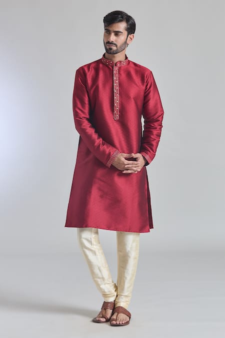 Arihant Rai Sinha Jaal Woven Embroidered Placket Kurta With Churidar 