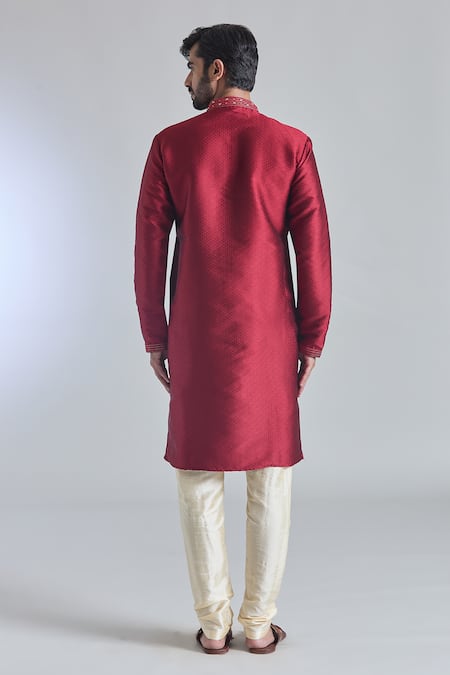 Shop Arihant Rai Sinha Maroon Silk Embroidery Jaal Woven Placket Kurta With Churidar at Aza Fashions Shop_Arihant Rai Sinha_Maroon Silk Embroidery Jaal Woven Placket Kurta With Churidar _at_Aza_Fashions