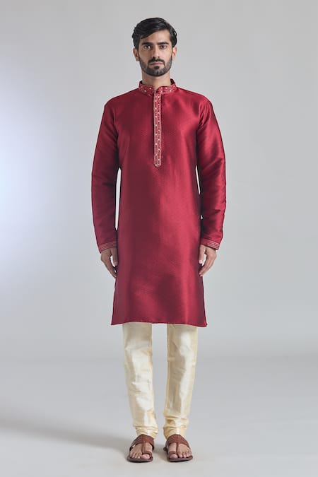 Arihant Rai Sinha Maroon Silk Embroidery Jaal Woven Placket Kurta With Churidar Online at Aza Fashions Arihant Rai Sinha_Maroon Silk Embroidery Jaal Woven Placket Kurta With Churidar _Online_at_Aza_Fashions
