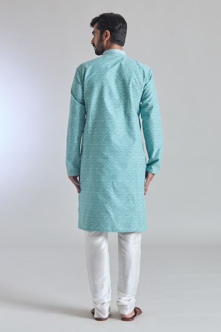 Shop_Arihant Rai Sinha_Blue Jacquard, Silk Embroidery Gullista Woven Placket Kurta With Churidar _at_Aza_Fashions