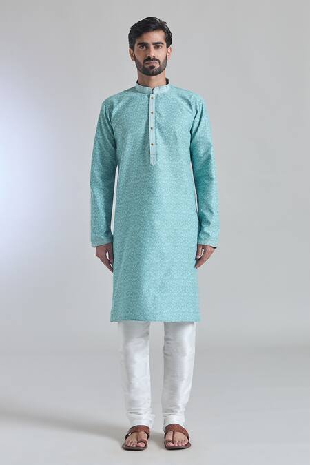 Arihant Rai Sinha_Blue Jacquard, Silk Embroidery Gullista Woven Placket Kurta With Churidar _Online_at_Aza_Fashions
