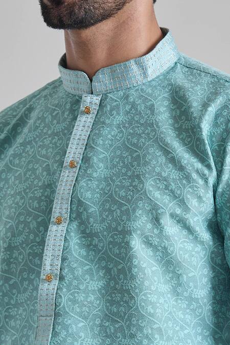 Buy_Arihant Rai Sinha_Blue Jacquard, Silk Embroidery Gullista Woven Placket Kurta With Churidar _Online_at_Aza_Fashions