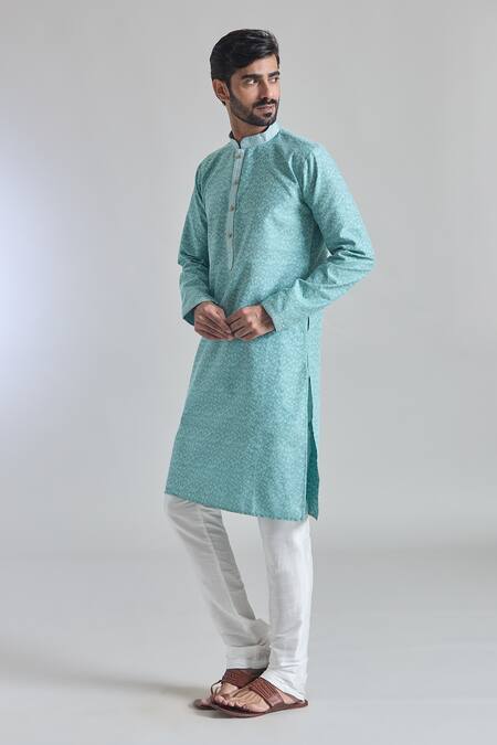 Shop_Arihant Rai Sinha_Blue Jacquard, Silk Embroidery Gullista Woven Placket Kurta With Churidar _Online_at_Aza_Fashions