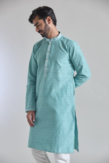 Arihant Rai Sinha_Blue Jacquard, Silk Embroidery Gullista Woven Placket Kurta With Churidar _at_Aza_Fashions