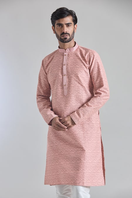 Buy Arihant Rai Sinha Peach Jacquard, Silk, Cotton Gulshan Woven Placket Kurta With Churidar Buy_Arihant Rai Sinha_Peach Jacquard, Silk, Cotton Gulshan Woven Placket Kurta With Churidar
