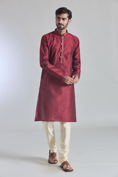 Arihant Rai Sinha Maroon Jacquard Silk Brocade Woven Gardenia Placket Kurta  5