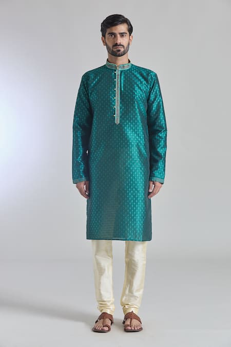 Arihant Rai Sinha_Green Jacquard, Silk, Brocade Embroidery Starlet Vine Woven Kurta _Online_at_Aza_Fashions