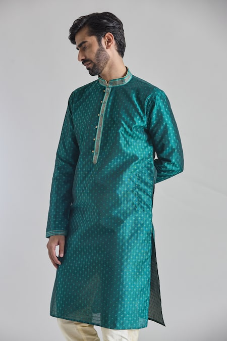 Shop_Arihant Rai Sinha_Green Jacquard, Silk, Brocade Embroidery Starlet Vine Woven Kurta _Online_at_Aza_Fashions
