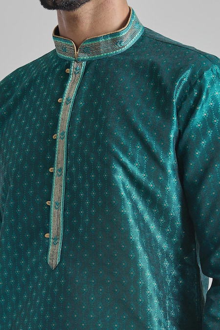 Arihant Rai Sinha_Green Jacquard, Silk, Brocade Embroidery Starlet Vine Woven Kurta _at_Aza_Fashions