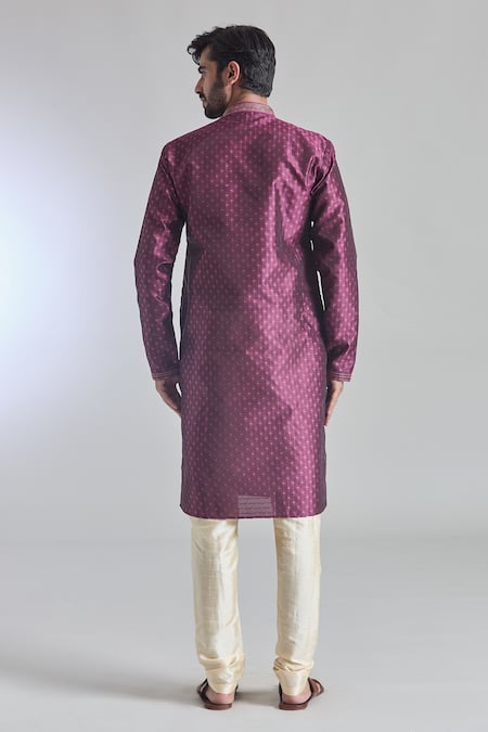 Shop Arihant Rai Sinha Purple Jacquard, Silk Embroidery Starla Vine Woven Placket Kurta With Churidar at Aza Fashions Shop_Arihant Rai Sinha_Purple Jacquard, Silk Embroidery Starla Vine Woven Placket Kurta With Churidar _at_Aza_Fashions