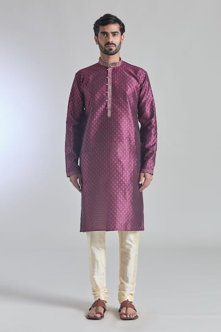 Arihant Rai Sinha Purple Jacquard, Silk Embroidery Starla Vine Woven Placket Kurta With Churidar Online at Aza Fashions Arihant Rai Sinha_Purple Jacquard, Silk Embroidery Starla Vine Woven Placket Kurta With Churidar _Online_at_Aza_Fashions