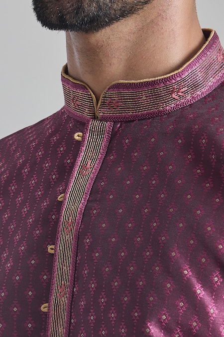 Buy Arihant Rai Sinha Purple Jacquard, Silk Embroidery Starla Vine Woven Placket Kurta With Churidar Online at Aza Fashions Buy_Arihant Rai Sinha_Purple Jacquard, Silk Embroidery Starla Vine Woven Placket Kurta With Churidar _Online_at_Aza_Fashions