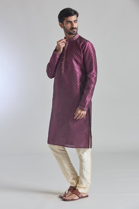 Shop Arihant Rai Sinha Purple Jacquard, Silk Embroidery Starla Vine Woven Placket Kurta With Churidar Online at Aza Fashions Shop_Arihant Rai Sinha_Purple Jacquard, Silk Embroidery Starla Vine Woven Placket Kurta With Churidar _Online_at_Aza_Fashions