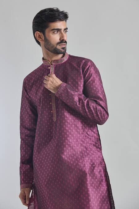 Arihant Rai Sinha Purple Jacquard, Silk Embroidery Starla Vine Woven Placket Kurta With Churidar at Aza Fashions Arihant Rai Sinha_Purple Jacquard, Silk Embroidery Starla Vine Woven Placket Kurta With Churidar _at_Aza_Fashions