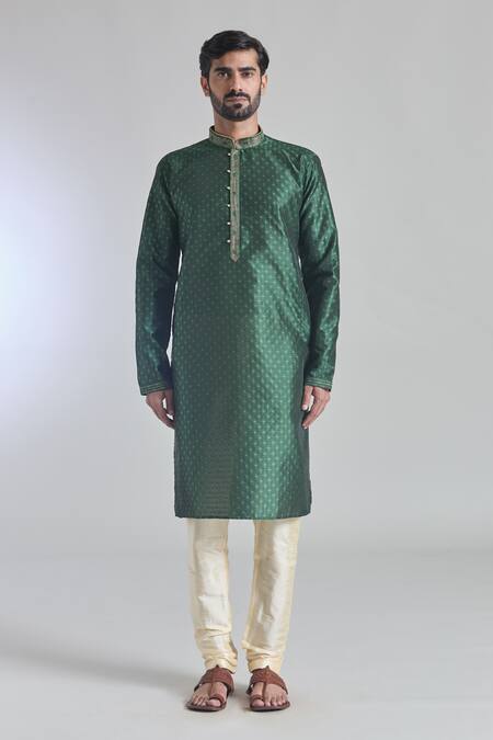 Arihant Rai Sinha Green Jacquard, Silk, Brocade Embroidery Star Vine Woven Placket Kurta Online at Aza Fashions Arihant Rai Sinha_Green Jacquard, Silk, Brocade Embroidery Star Vine Woven Placket Kurta _Online_at_Aza_Fashions