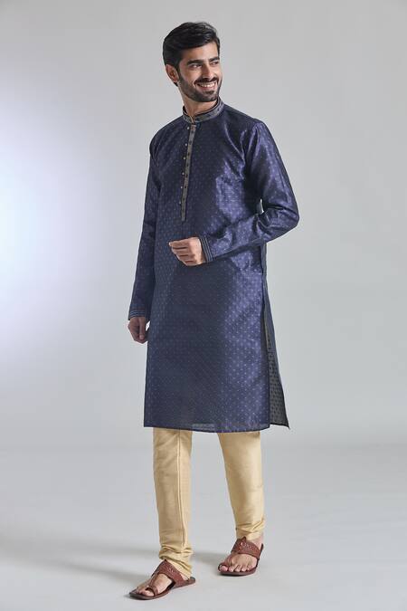 Buy_Arihant Rai Sinha_Blue Silk Diamonds Vine Woven Embroidered Placket Kurta With Churidar _Online_at_Aza_Fashions