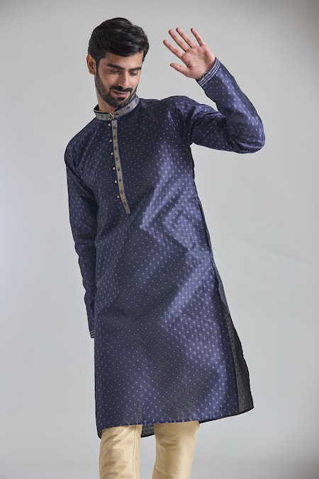 Shop_Arihant Rai Sinha_Blue Silk Diamonds Vine Woven Embroidered Placket Kurta With Churidar _Online_at_Aza_Fashions