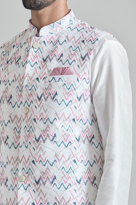 Buy_Arihant Rai Sinha_Multi Color Silk, Faux Leather, Cotton Sequins, Chevron Print Nehru Jacket Set _Online_at_Aza_Fashions