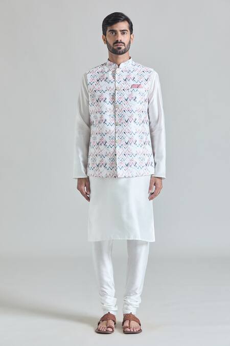 Shop_Arihant Rai Sinha_Multi Color Silk, Faux Leather, Cotton Sequins, Chevron Print Nehru Jacket Set _Online_at_Aza_Fashions