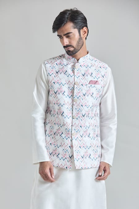 Arihant Rai Sinha_Multi Color Silk, Faux Leather, Cotton Sequins, Chevron Print Nehru Jacket Set _at_Aza_Fashions