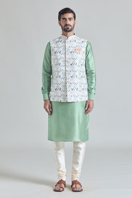Shop Arihant Rai Sinha Multi Color Brocade, Silk, Faux Leather Chevron Print Nehru Jacket And Kurta Set at Aza Fashions Shop_Arihant Rai Sinha_Multi Color Brocade, Silk, Faux Leather Chevron Print Nehru Jacket And Kurta Set _at_Aza_Fashions