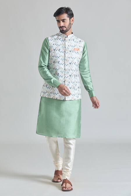 Arihant Rai Sinha Multi Color Brocade, Silk, Faux Leather Chevron Print Nehru Jacket And Kurta Set at Aza Fashions Arihant Rai Sinha_Multi Color Brocade, Silk, Faux Leather Chevron Print Nehru Jacket And Kurta Set _at_Aza_Fashions