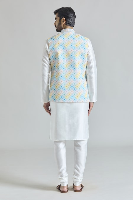 Shop Arihant Rai Sinha Multi Color Brocade Geometric Tile Print Nehru Jacket Set at Aza Fashions Shop_Arihant Rai Sinha_Multi Color Brocade Geometric Tile Print Nehru Jacket Set _at_Aza_Fashions