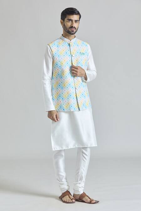 Shop Arihant Rai Sinha Multi Color Brocade Geometric Tile Print Nehru Jacket Set Online at Aza Fashions Shop_Arihant Rai Sinha_Multi Color Brocade Geometric Tile Print Nehru Jacket Set _Online_at_Aza_Fashions