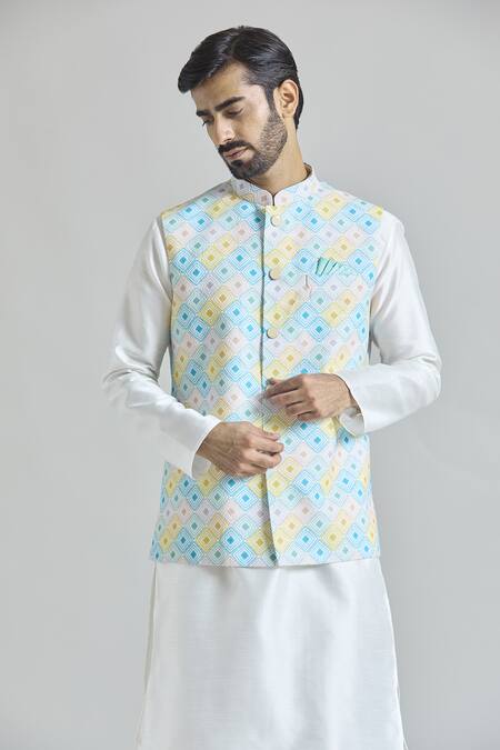 Arihant Rai Sinha Multi Color Brocade Geometric Tile Print Nehru Jacket Set at Aza Fashions Arihant Rai Sinha_Multi Color Brocade Geometric Tile Print Nehru Jacket Set _at_Aza_Fashions
