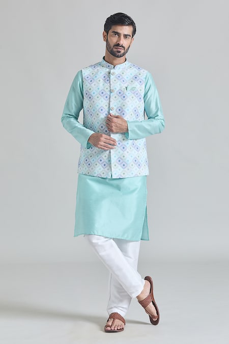 Aryavir Malhotra Geometric Tile Print Nehru Jacket & Kurta Set 