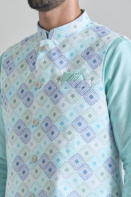 Arihant Rai Sinha Multi Color Brocade, Silk Embroidery Geometric Tile Print Nehru Jacket Set at Aza Fashions Arihant Rai Sinha_Multi Color Brocade, Silk Embroidery Geometric Tile Print Nehru Jacket Set _at_Aza_Fashions