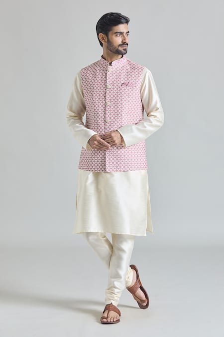 Aryavir Malhotra Trellis Tile Print Nehru Jacket Kurta Set 