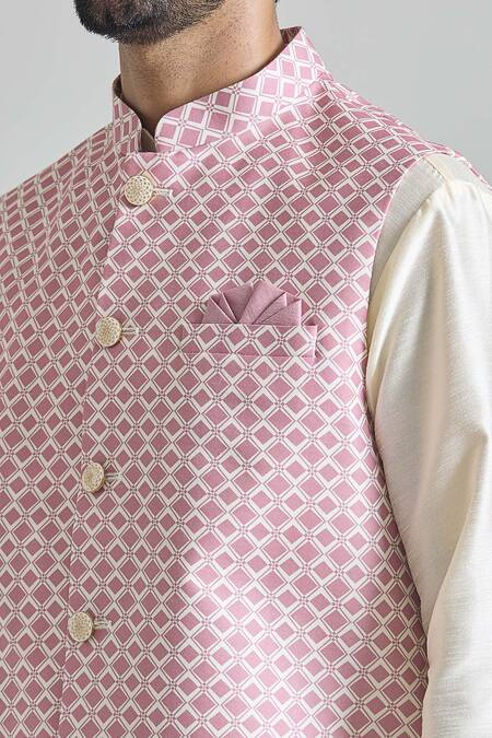 Buy_Arihant Rai Sinha_Pink Silk, Faux Leather Trellis Print Nehru Jacket Set _Online_at_Aza_Fashions