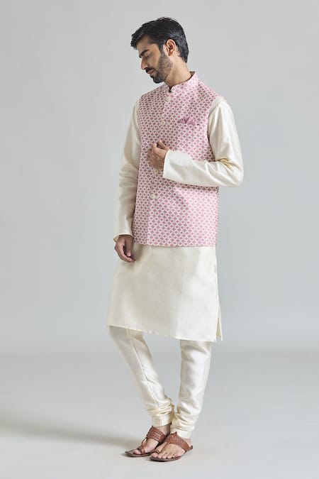 Shop_Arihant Rai Sinha_Pink Silk, Faux Leather Trellis Print Nehru Jacket Set _Online_at_Aza_Fashions