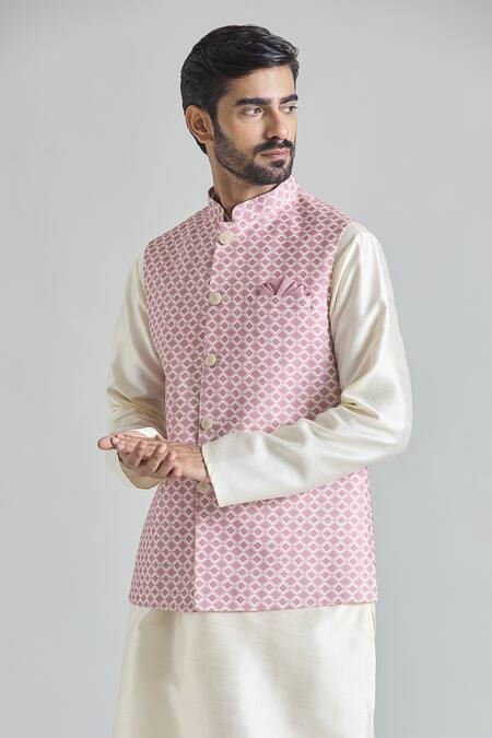 Arihant Rai Sinha_Pink Silk, Faux Leather Trellis Print Nehru Jacket Set _at_Aza_Fashions