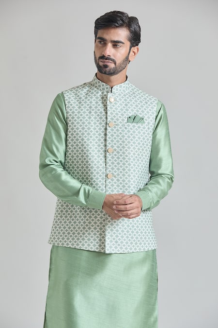 Buy_Arihant Rai Sinha_Green Brocade, Silk Trellis Tile Print Nehru Jacket Set _Online_at_Aza_Fashions