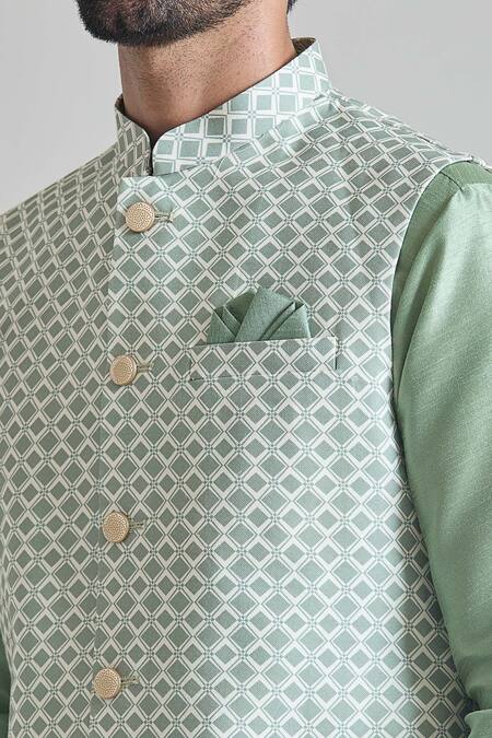 Shop_Arihant Rai Sinha_Green Brocade, Silk Trellis Tile Print Nehru Jacket Set _Online_at_Aza_Fashions