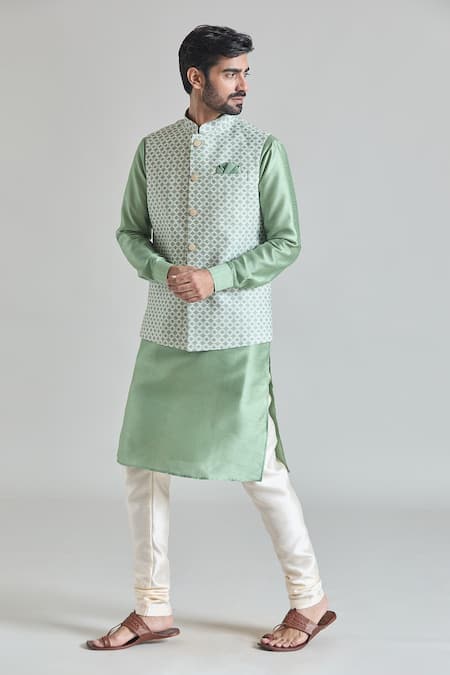 Arihant Rai Sinha_Green Brocade, Silk Trellis Tile Print Nehru Jacket Set _at_Aza_Fashions