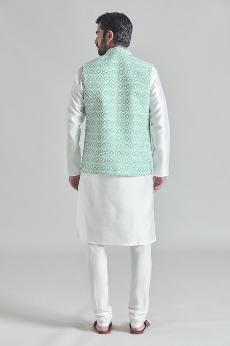 Shop Arihant Rai Sinha Green Silk, Faux Leather Diamond Tile Print Nehru Jacket Set at Aza Fashions Shop_Arihant Rai Sinha_Green Silk, Faux Leather Diamond Tile Print Nehru Jacket Set _at_Aza_Fashions