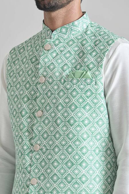 Buy Arihant Rai Sinha Green Silk, Faux Leather Diamond Tile Print Nehru Jacket Set Online at Aza Fashions Buy_Arihant Rai Sinha_Green Silk, Faux Leather Diamond Tile Print Nehru Jacket Set _Online_at_Aza_Fashions