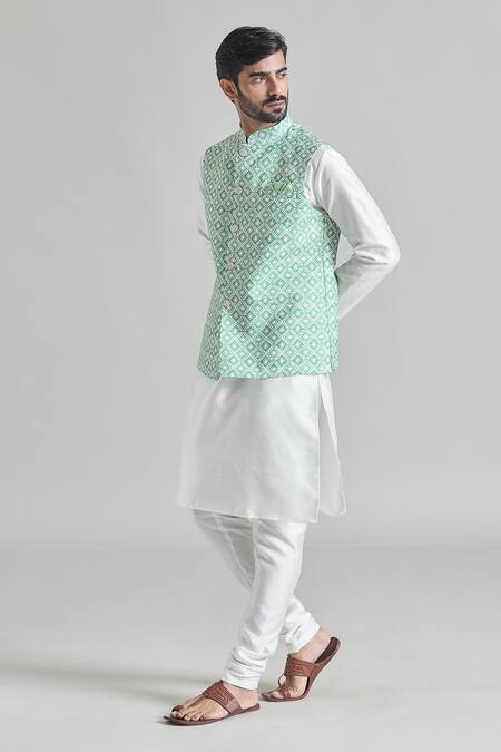 Shop Arihant Rai Sinha Green Silk, Faux Leather Diamond Tile Print Nehru Jacket Set Online at Aza Fashions Shop_Arihant Rai Sinha_Green Silk, Faux Leather Diamond Tile Print Nehru Jacket Set _Online_at_Aza_Fashions