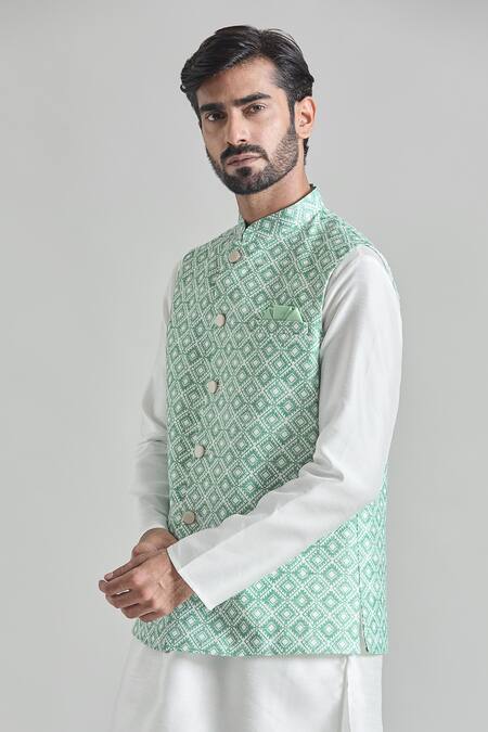 Arihant Rai Sinha Green Silk, Faux Leather Diamond Tile Print Nehru Jacket Set at Aza Fashions Arihant Rai Sinha_Green Silk, Faux Leather Diamond Tile Print Nehru Jacket Set _at_Aza_Fashions