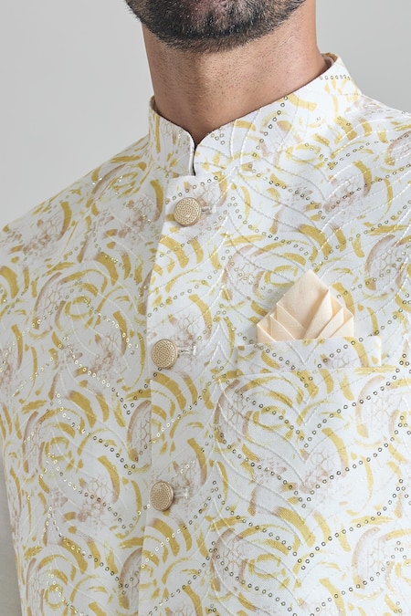 Shop_Arihant Rai Sinha_Yellow Silk, Chanderi Silk, Brocade Sequins Abstract Nehru Jacket Kurta Set _Online_at_Aza_Fashions